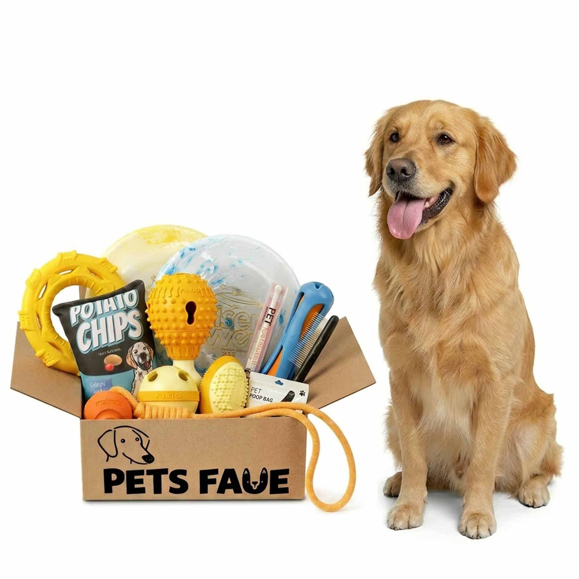 Golden Retriever sitting happily with tongue out next to PetsFave toy bundle box featuring potato chips plush, rings, and assorted dog toys