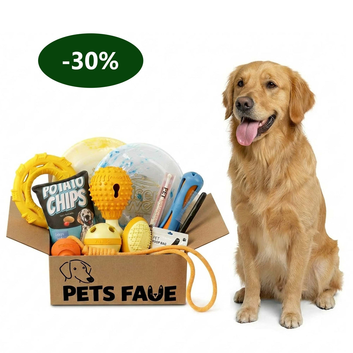 Golden Retriever sitting happily with tongue out next to PetsFave toy bundle box featuring potato chips plush, rings, and assorted dog toys