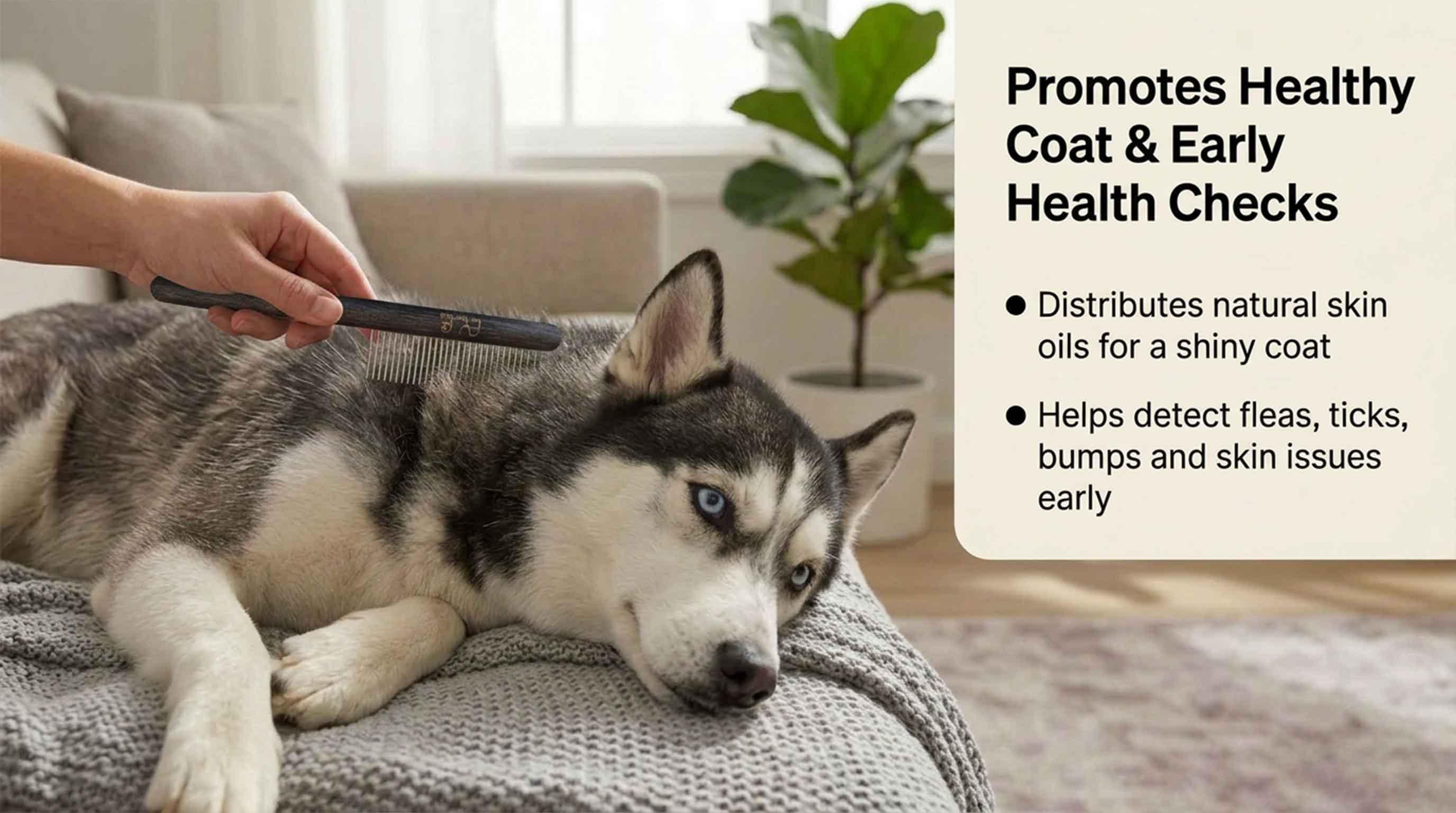 Husky dog with blue eyes lying on a gray blanket while a hand brushes its coat with a wooden pet comb, promoting healthy skin and early health check