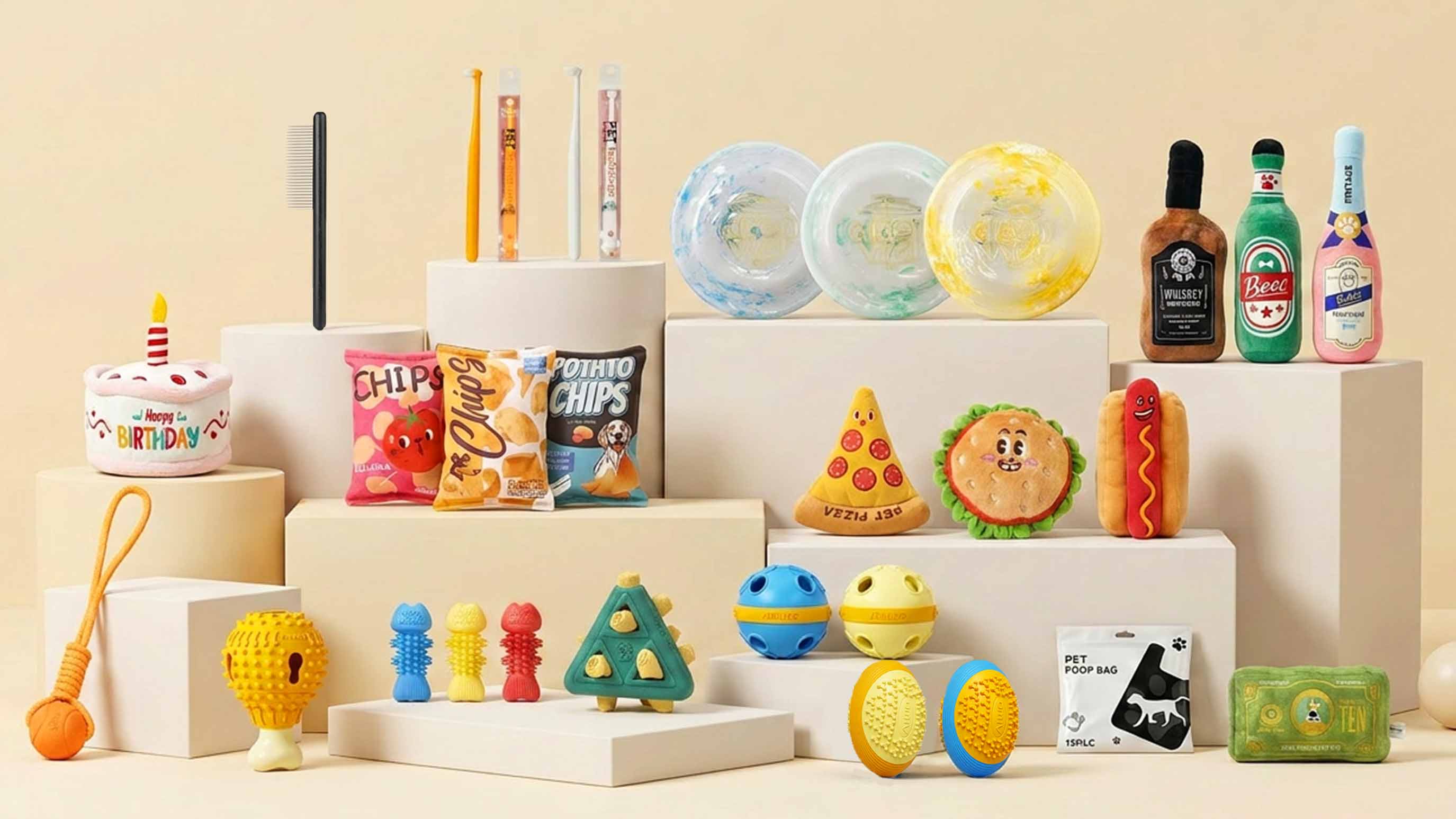 Herding Group dog toys bundle studio display featuring frisbees, food-shaped plush toys, birthday cake toy, chew toys, puzzle toys, and pet accessories on white blocks