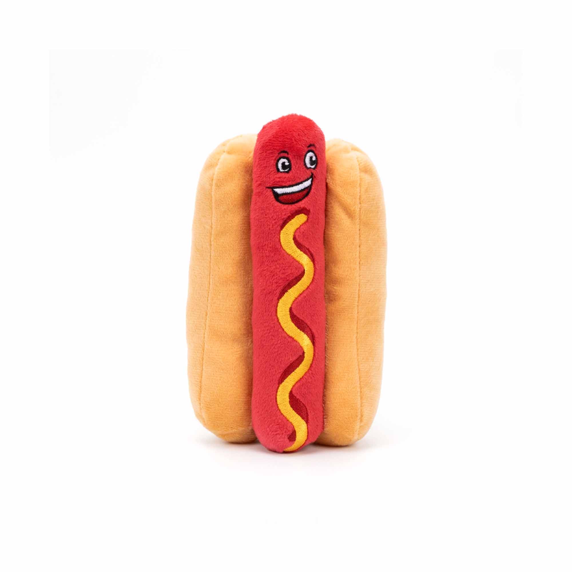 Adorable hot dog plush dog toy with happy embroidered face – ultra-soft squeaky plush perfect for fetch, cuddle, and gentle chewing