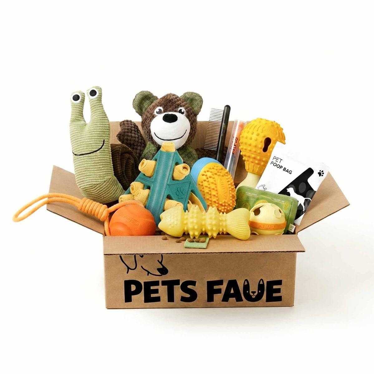 Hound dog toy bundle gift box featuring interactive toys, chew toys, plush toys, and enrichment accessories designed for curious and active dogs