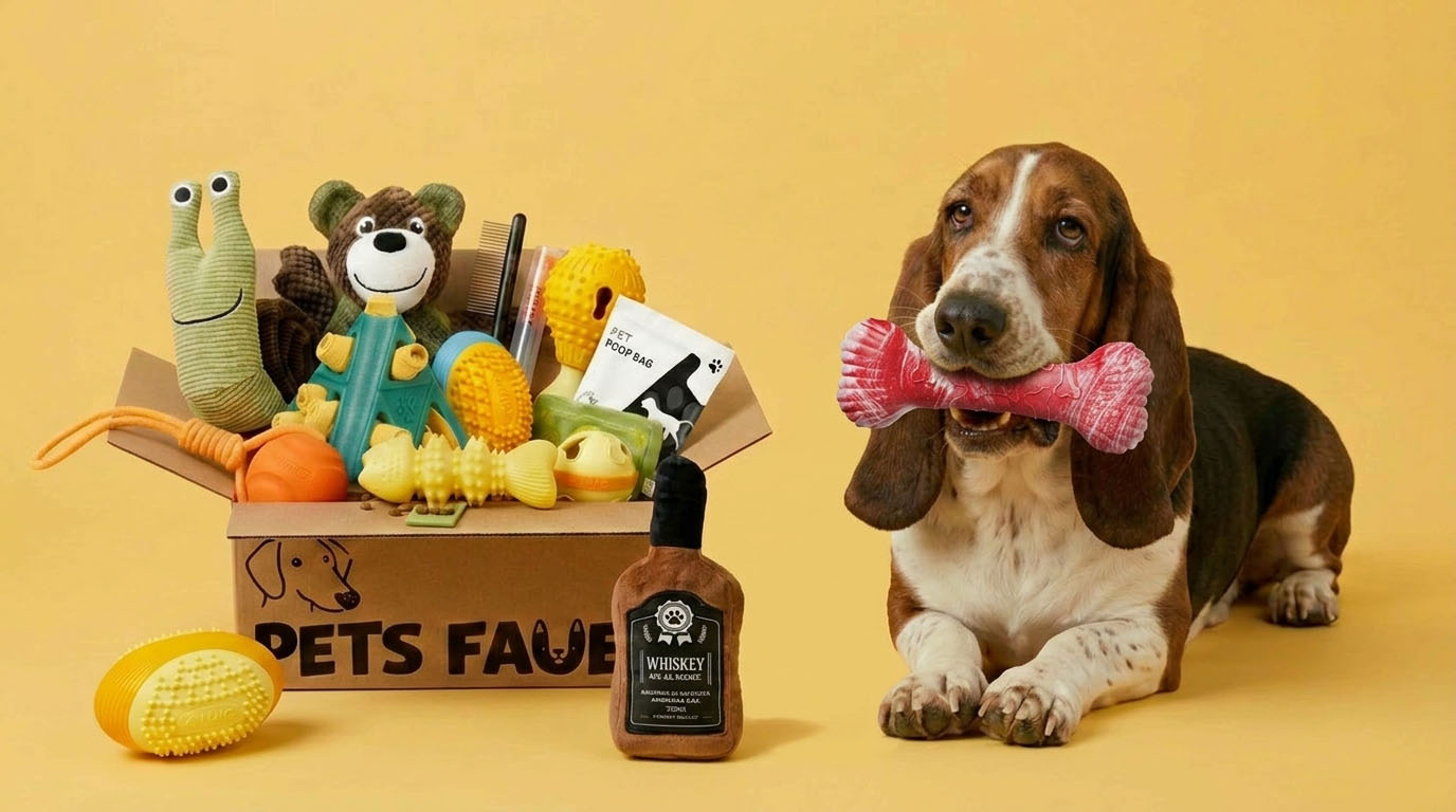Basset Hound holding a yellow fish toy next to open Pets Fave box filled with Hound Group dog toys bundle, including plush toys, chew toys, and fun whiskey bottle toy