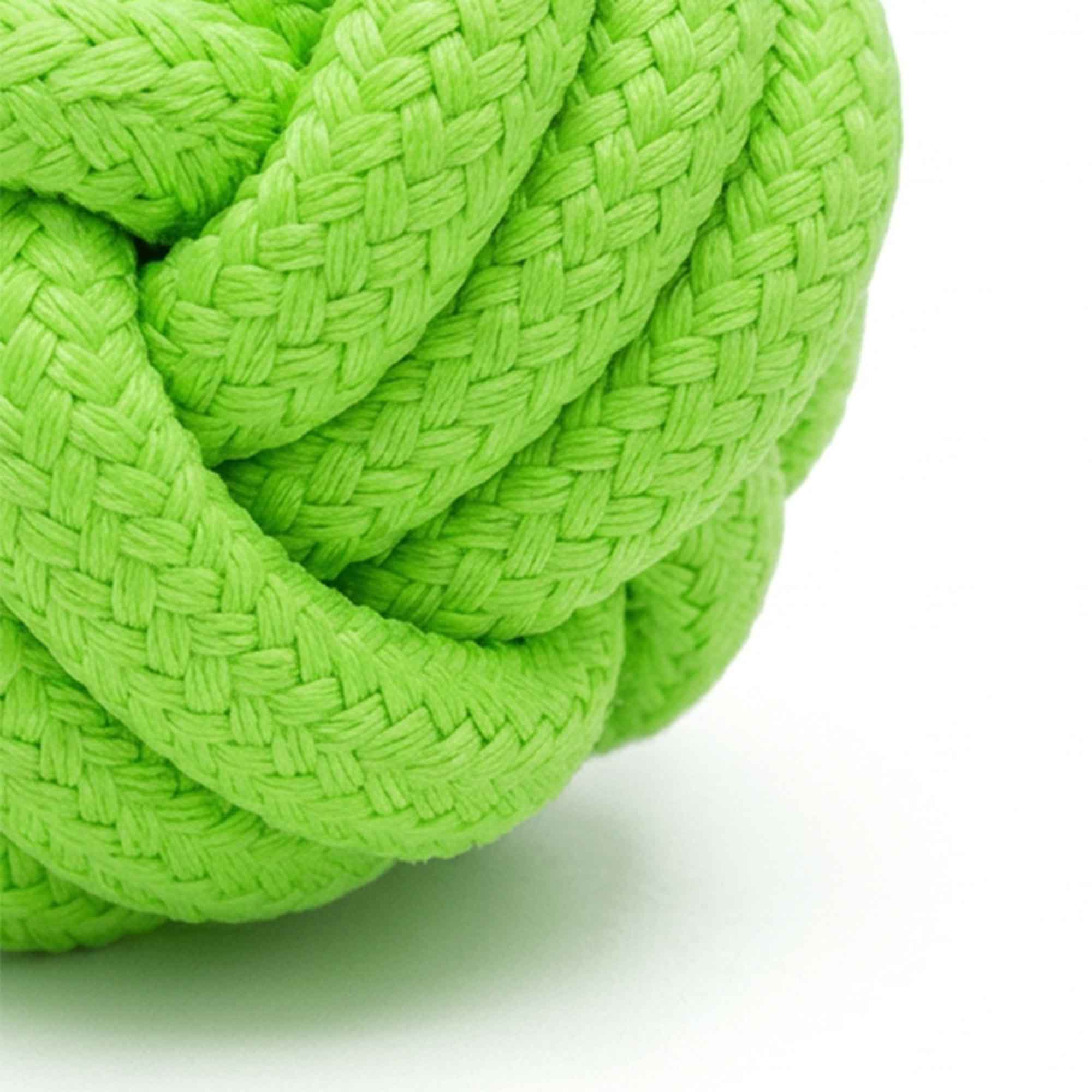 Close-up of lime green knots ball rope dog toy braided texture – thick polyester rope with tight knots for durable tugging, chewing, and fetch play by PetsFave