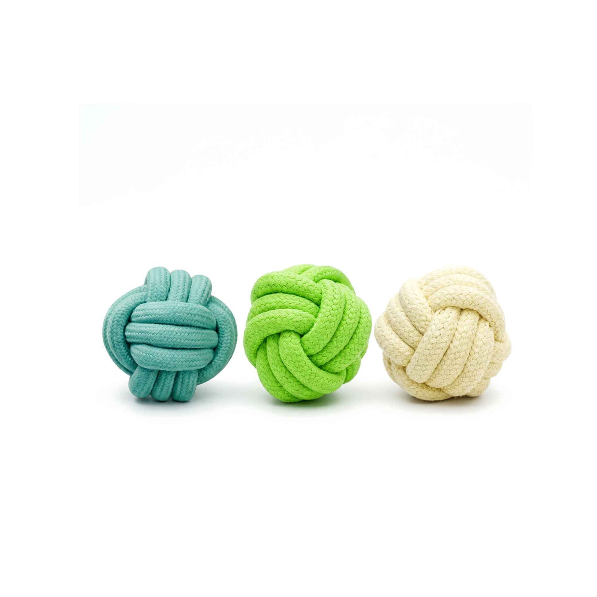 Set of 3 knots ball rope dog toys – teal, lime green, and cream durable polyester knotted balls for tug, fetch, and chew play