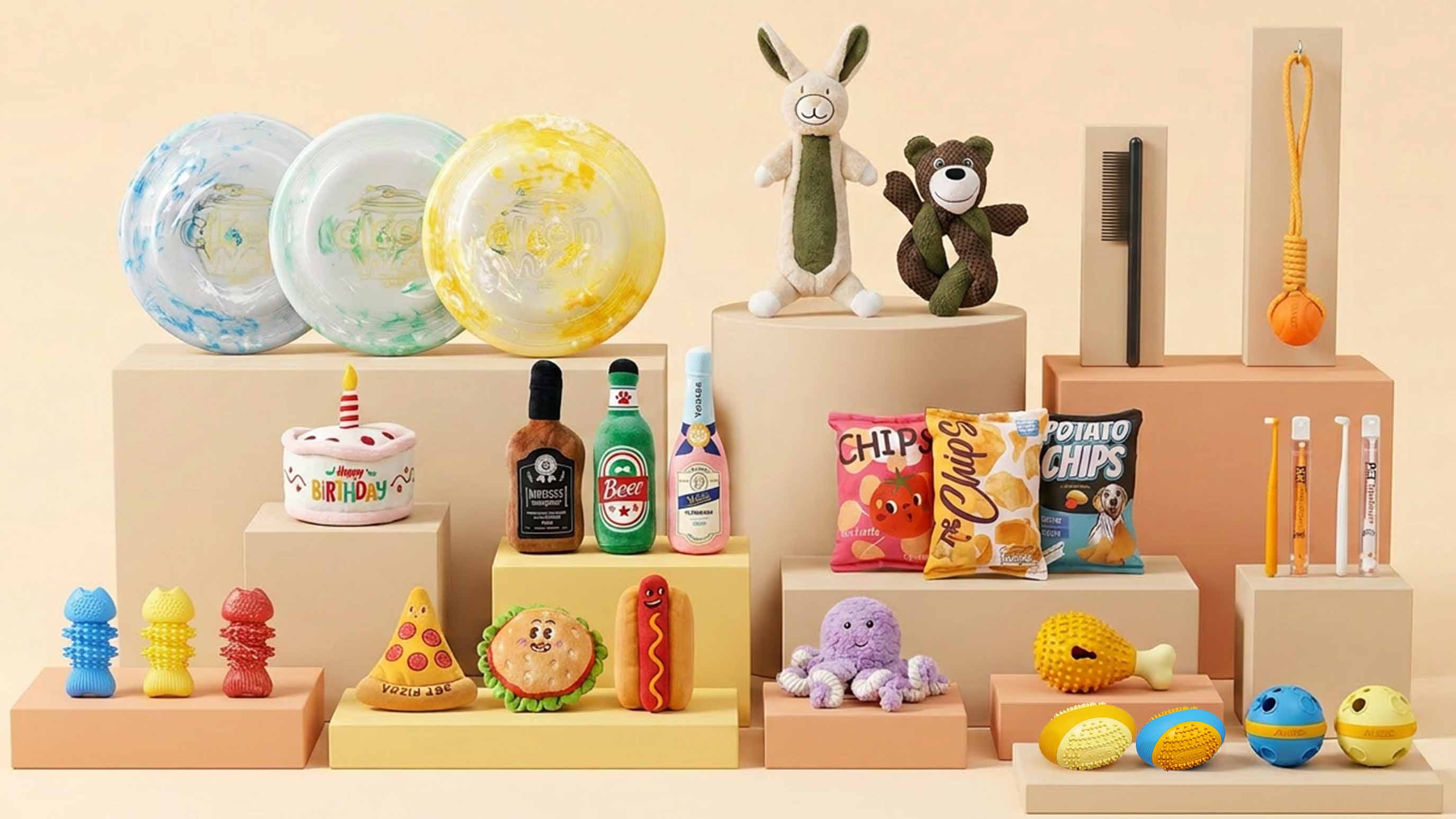Non-Sporting Group dog toys bundle studio display featuring frisbees, food-shaped plush toys, birthday cake toy, bottle plush, chew toys, and grooming accessories