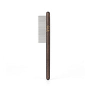 Professional pet grooming brush with black wooden handle and stainless steel pins – undercoat rake and deshedding tool by PetsFave