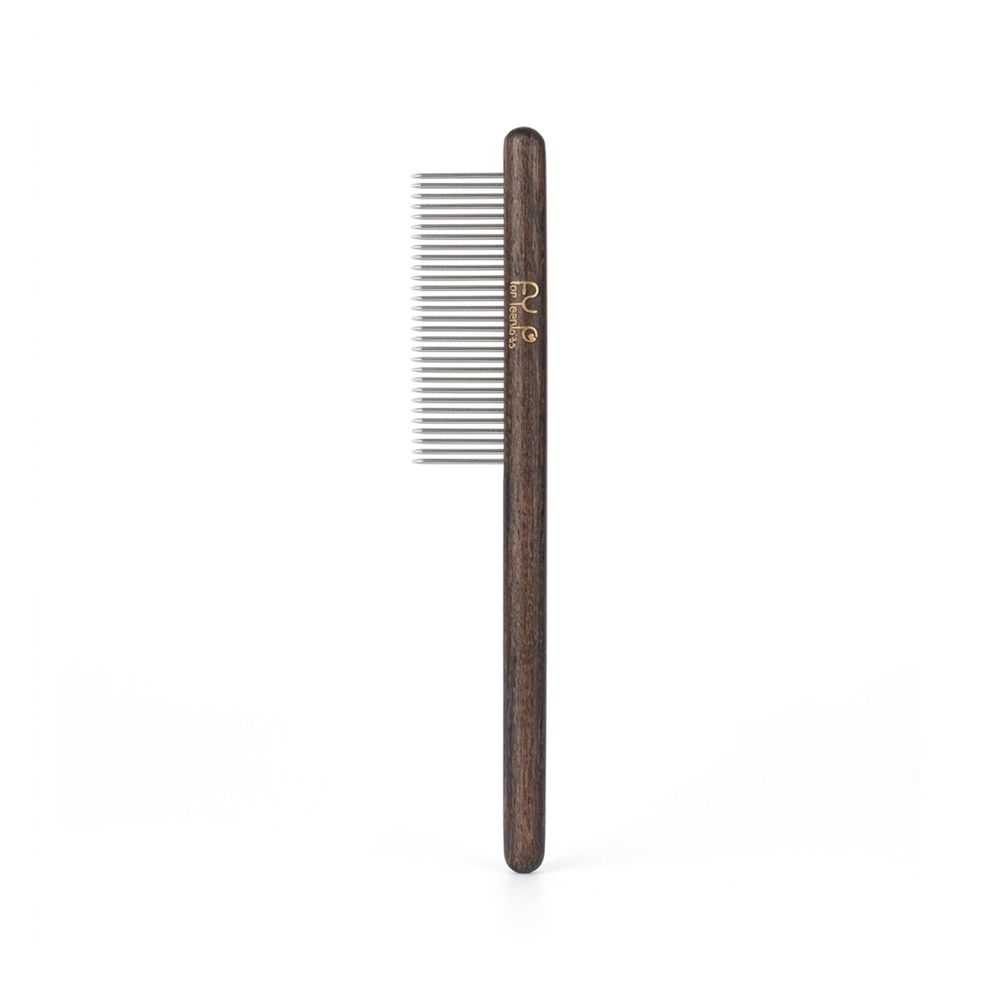 Professional pet grooming brush with black wooden handle and stainless steel pins – undercoat rake and deshedding tool by PetsFave