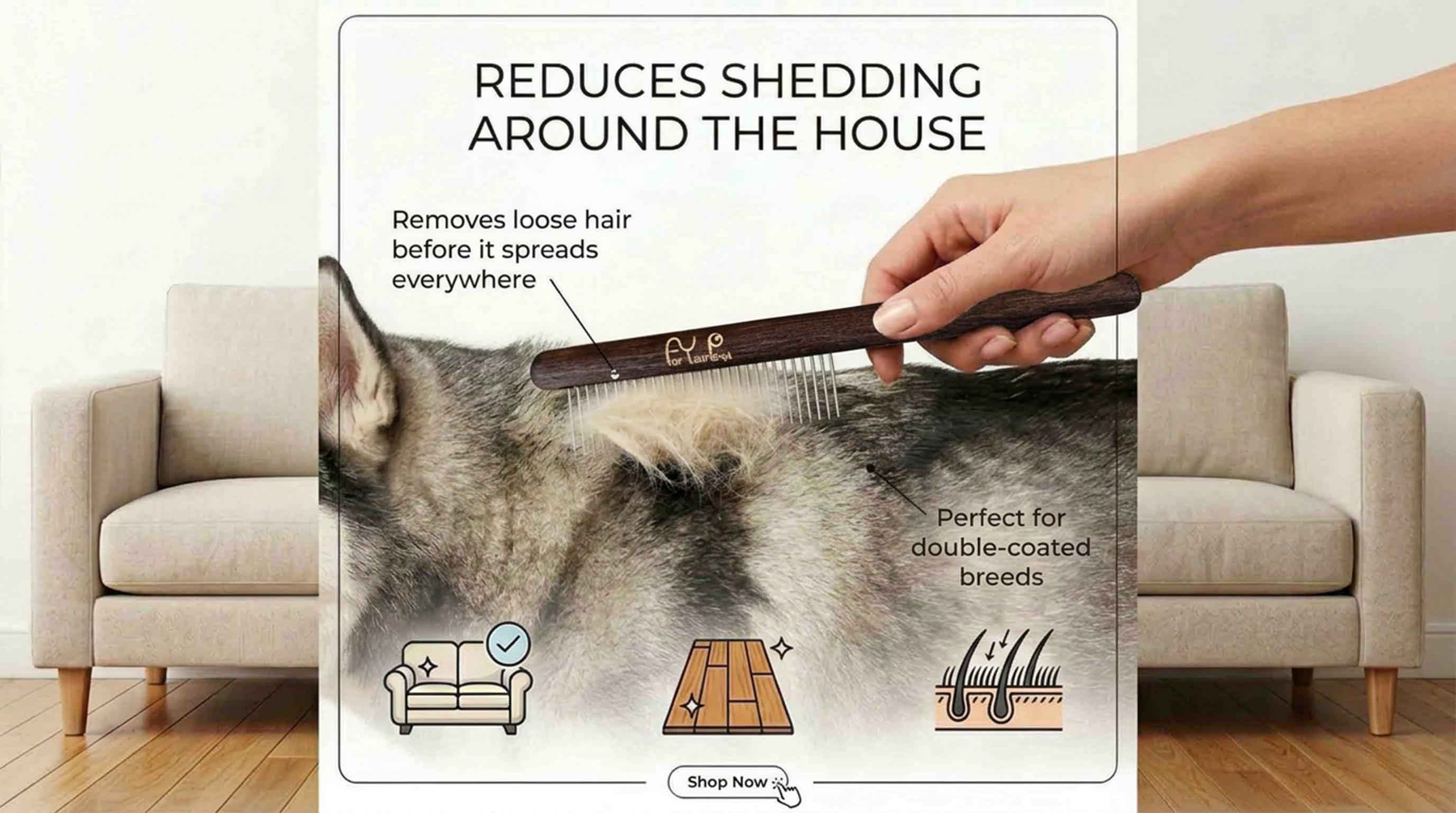 Hand brushing a double-coated dog with a wooden undercoat rake, removing loose hair to reduce shedding around the house - perfect for Huskies and double-coated breeds