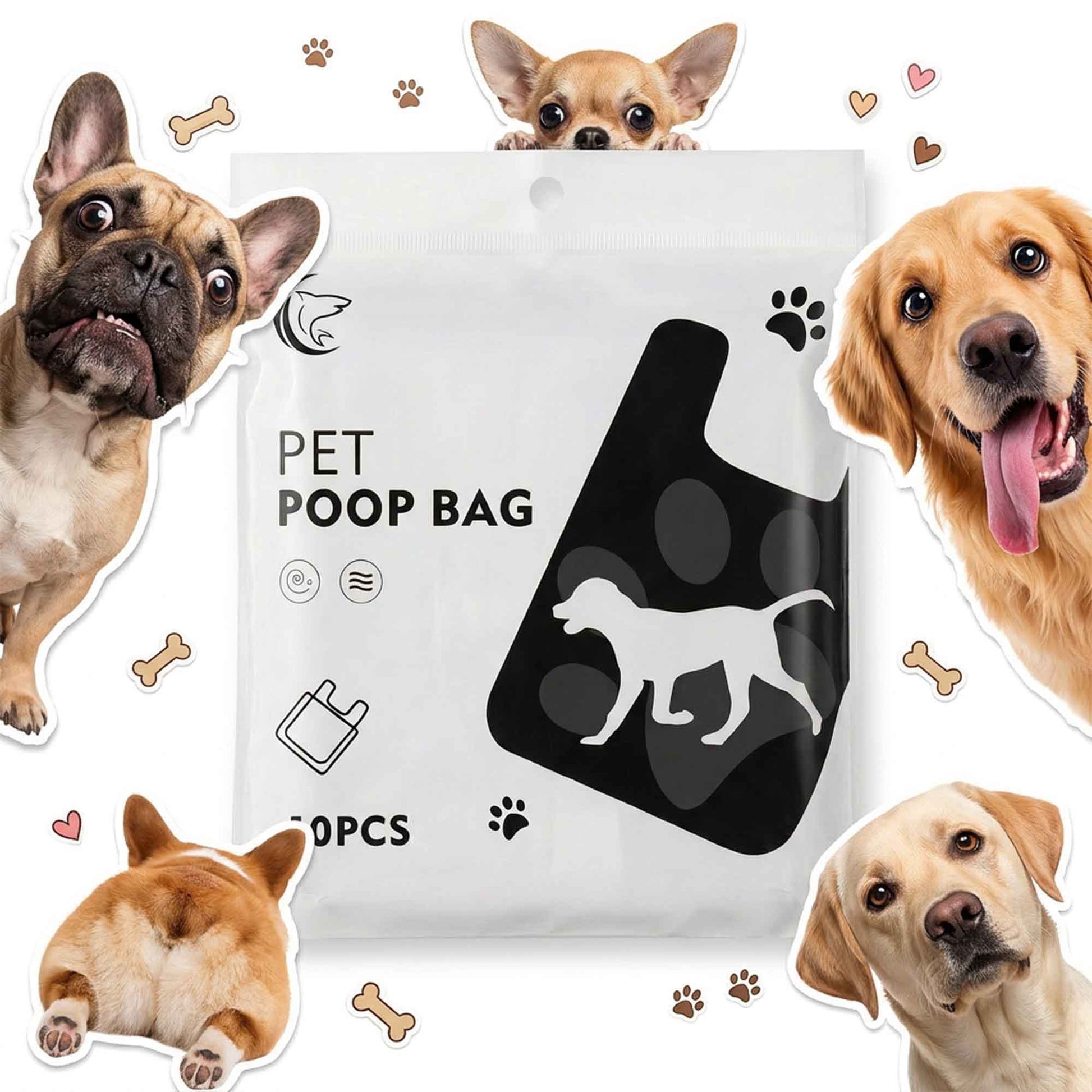 Extra strong 3-layer dog poop bags with adorable pet overlays – leak-proof, durable, no breakage for daily walks