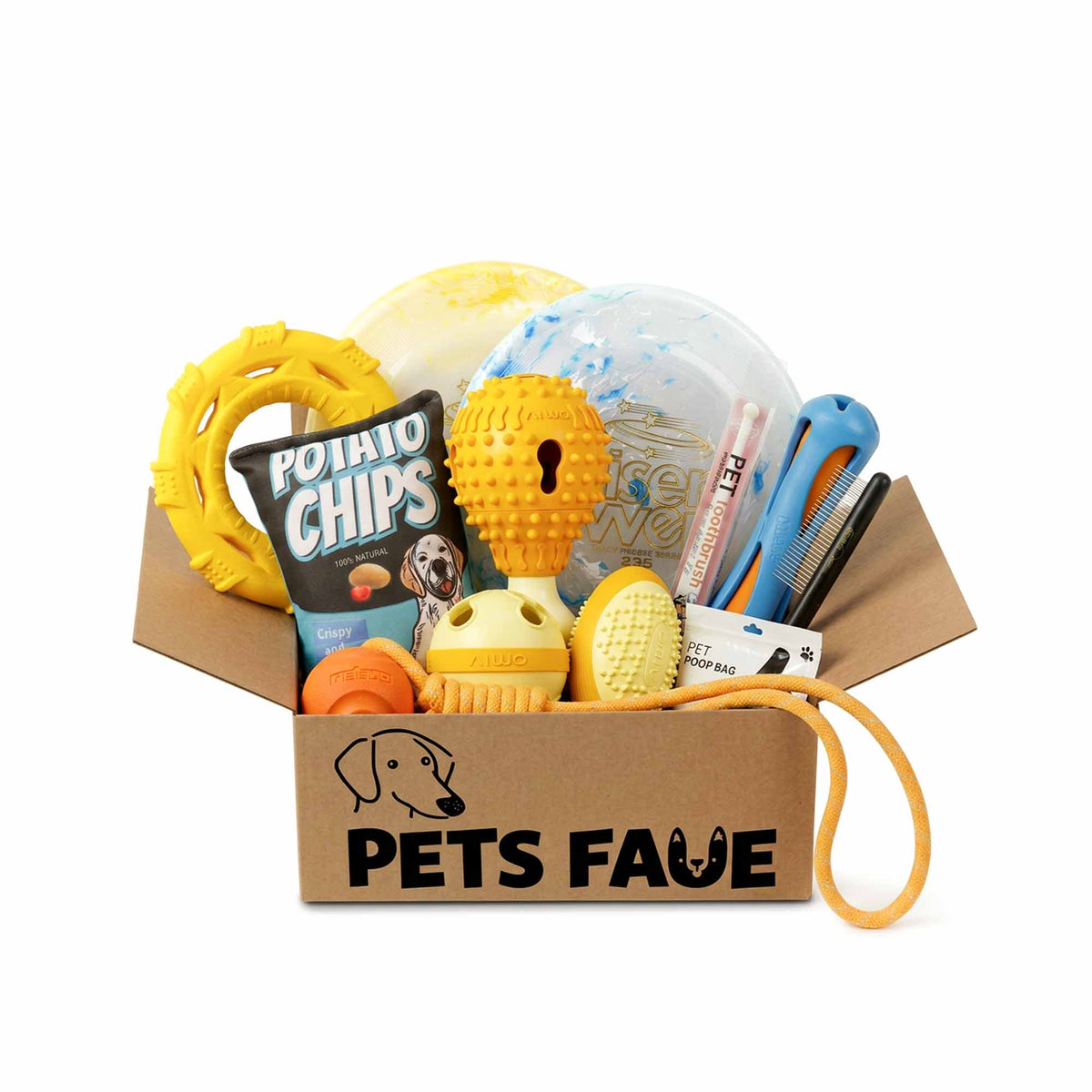 Open Petsfave cardboard box filled with Sporting Group dog toys including potato chips bag, yellow rings, orange rope toy, AIWO balls, frisbees, toothbrush and poop bags