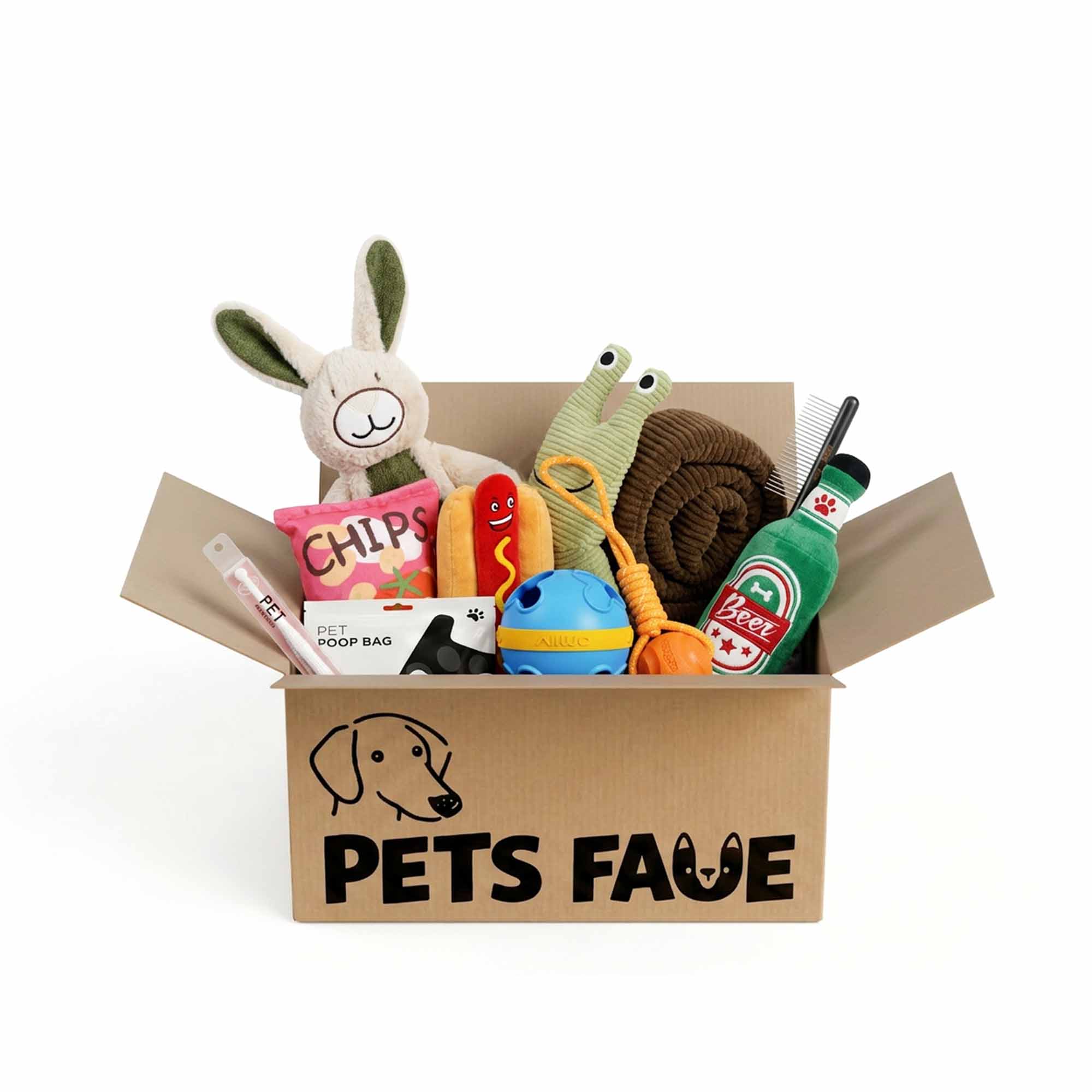 Open Petsfave PETS FAVE cardboard box packed with terrier dog toys: plush bunny, chips bag, hot dog, green frog, brown rope, blue AIWO ball, orange rope toy and green beer bottle