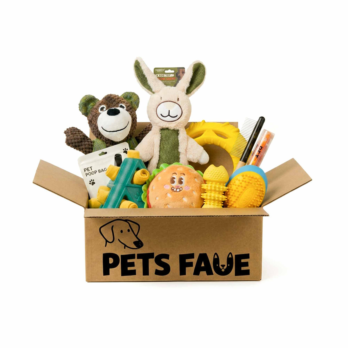 Open Petsfave cardboard box packed with Working Group dog toys including plush bunny, teddy bear, burger, yellow rings, green letter A toy, toothbrush and poop bags
