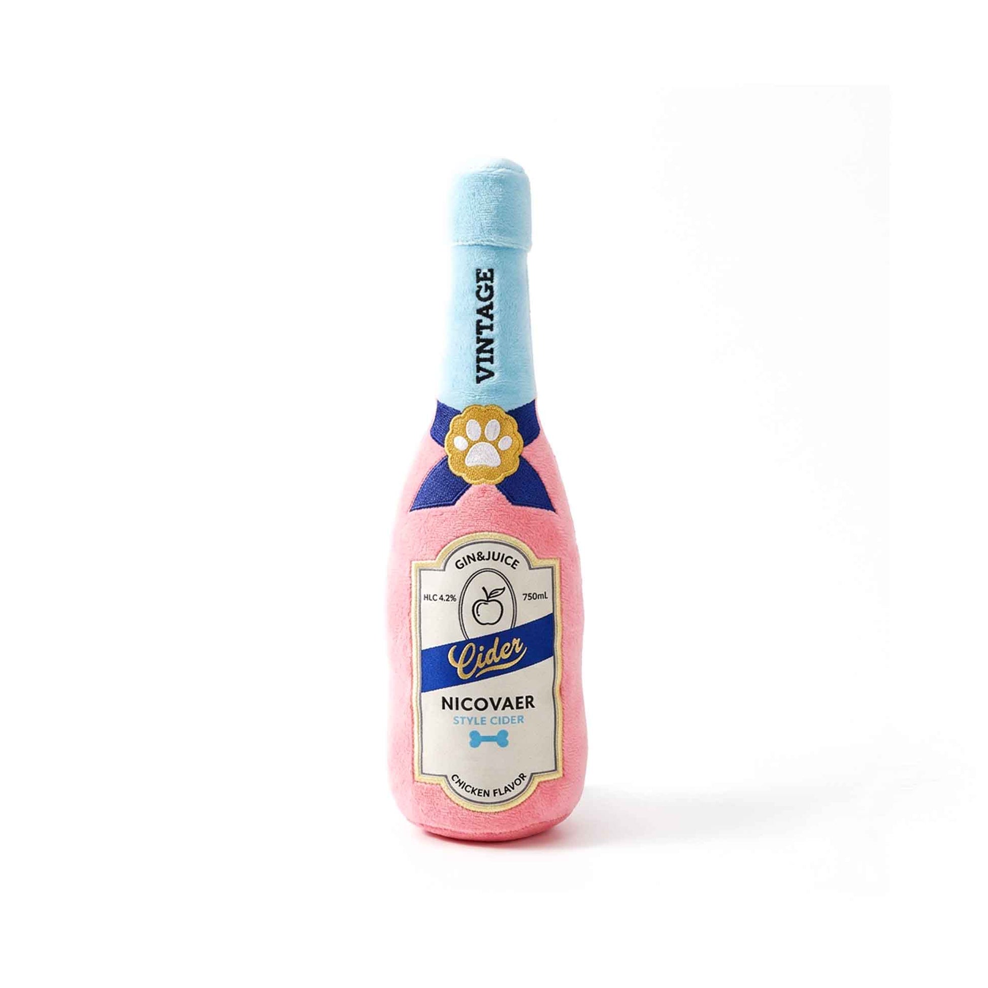 Bernese Mountain Dog chewing pink gin and juice style cider plush bottle dog toy with chicken flavor label