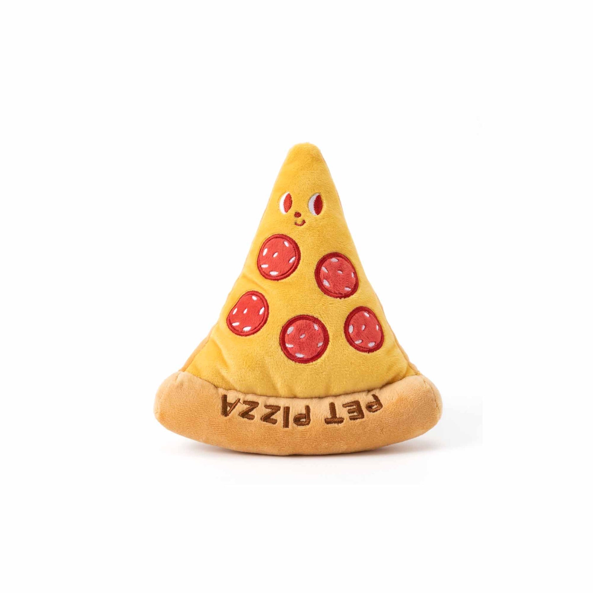 Fun pizza slice plush dog toy in yellow with red pepperoni – squeaky, huggable plush toy for snuggle comfort and playful chewing