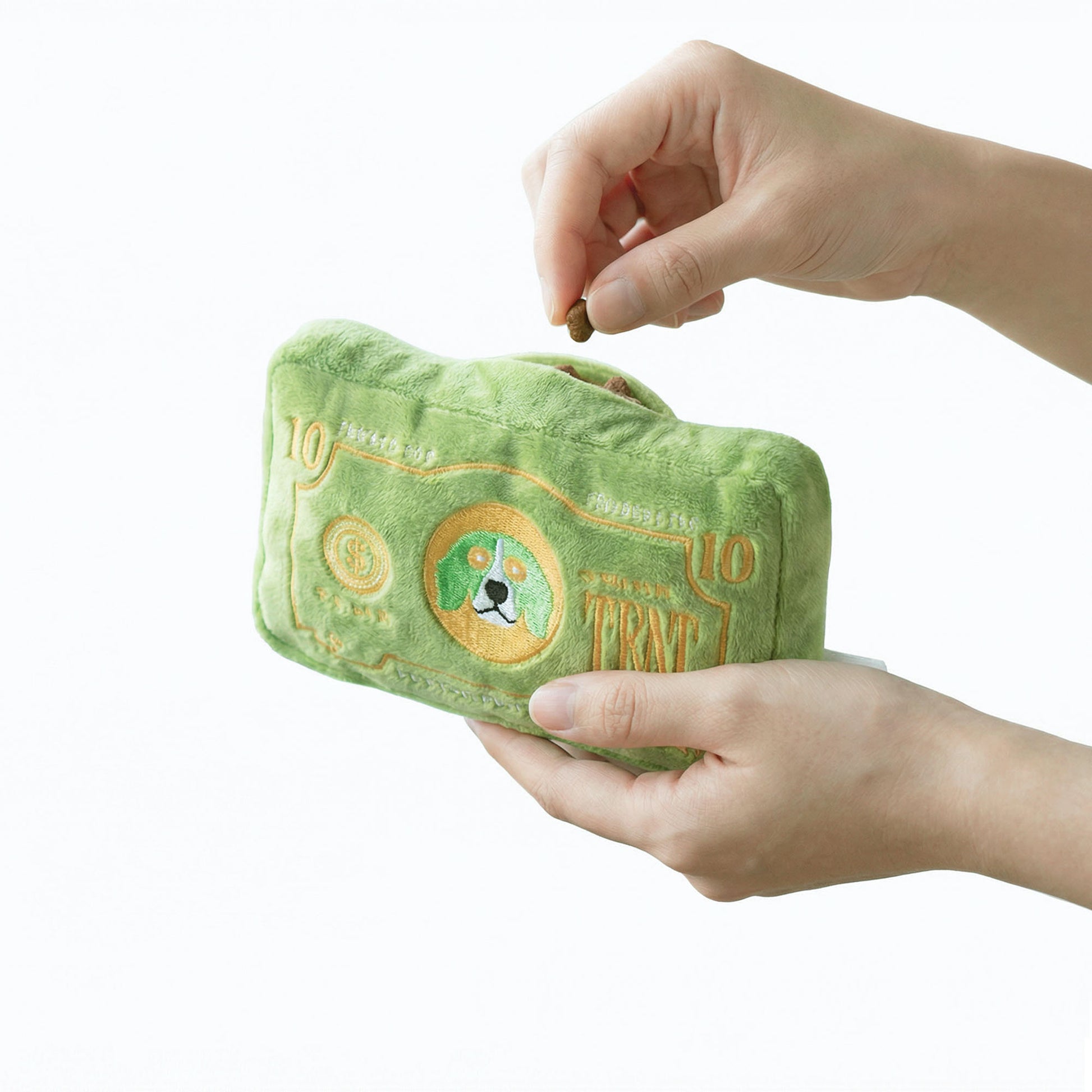 Easy-to-use treat pocket on Plush Dollar Dog Toy – simply slide treats in for quick setup and fun dog games
