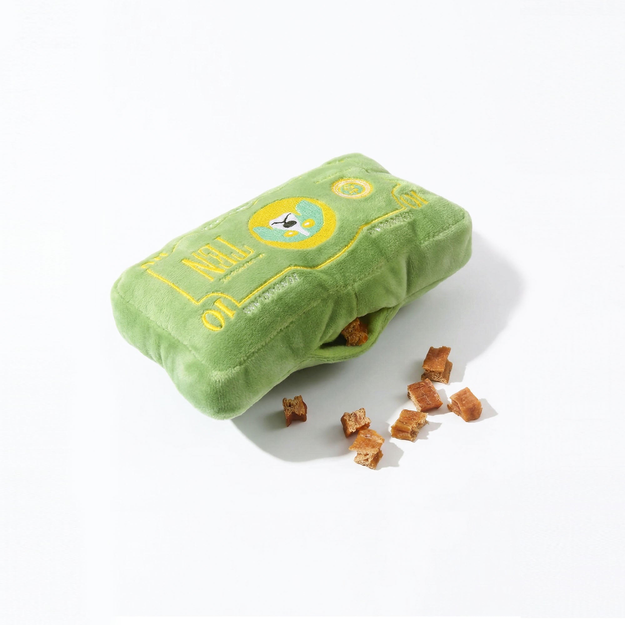 Plush Dollar Dog Toy with hidden treat pocket, insert treats for interactive scent play and enrichment