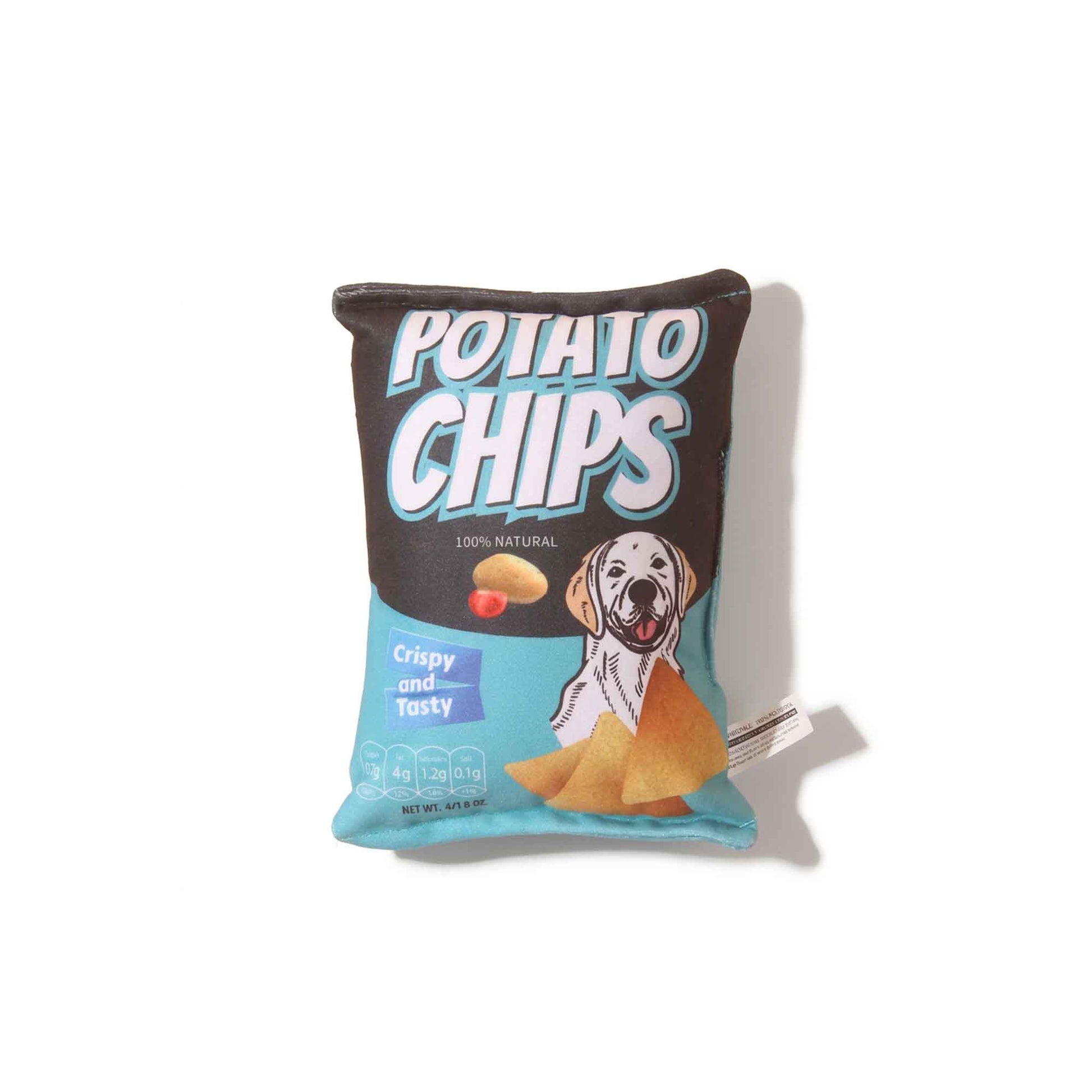 Potato chips plush dog toy in blue with Labrador graphic – premium squeaky crinkle toy perfect for interactive play and comfort