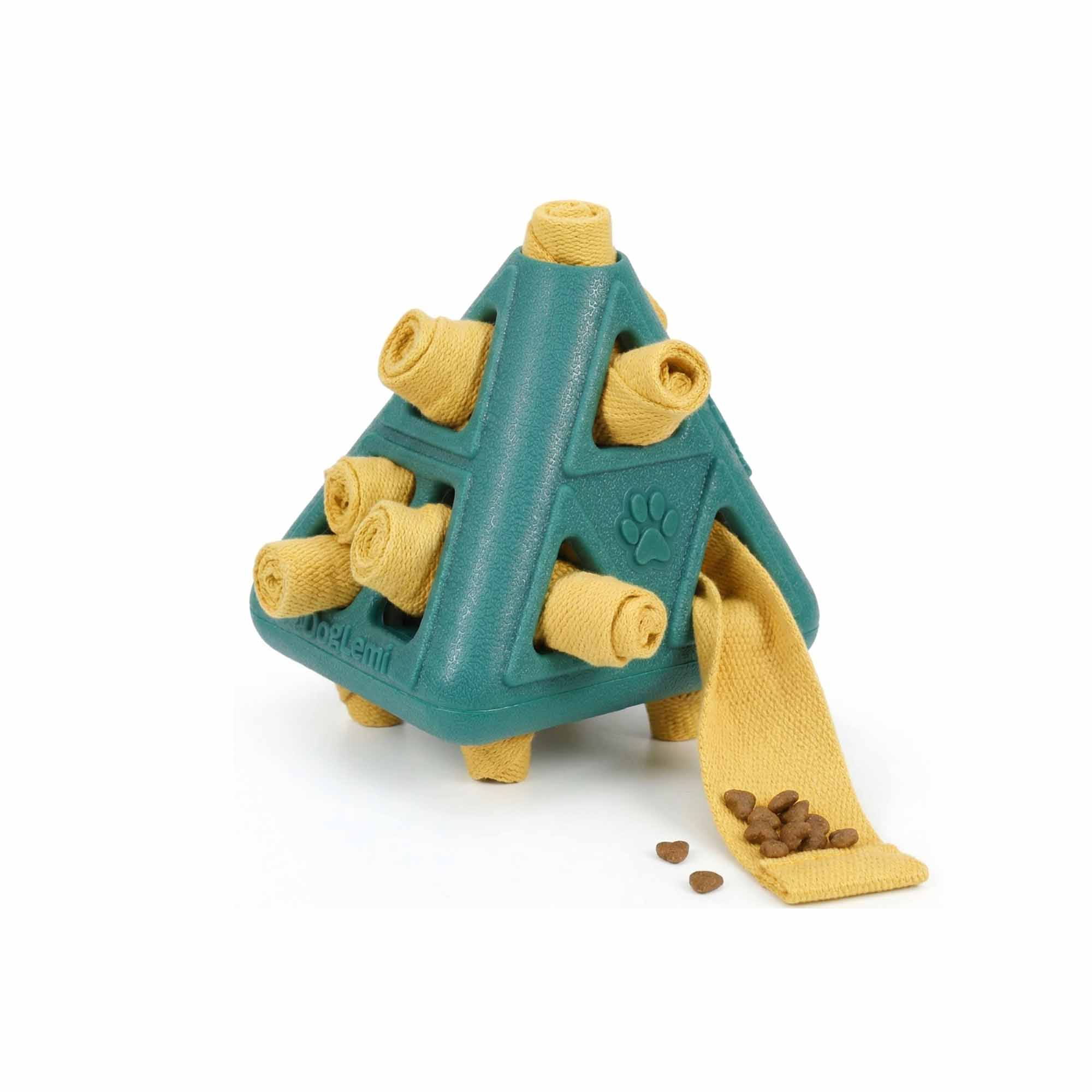 Durable teal pyramid treat dispensing dog toy with multiple fabric roll pockets – interactive puzzle for mental stimulation and treat hiding by PetsFave