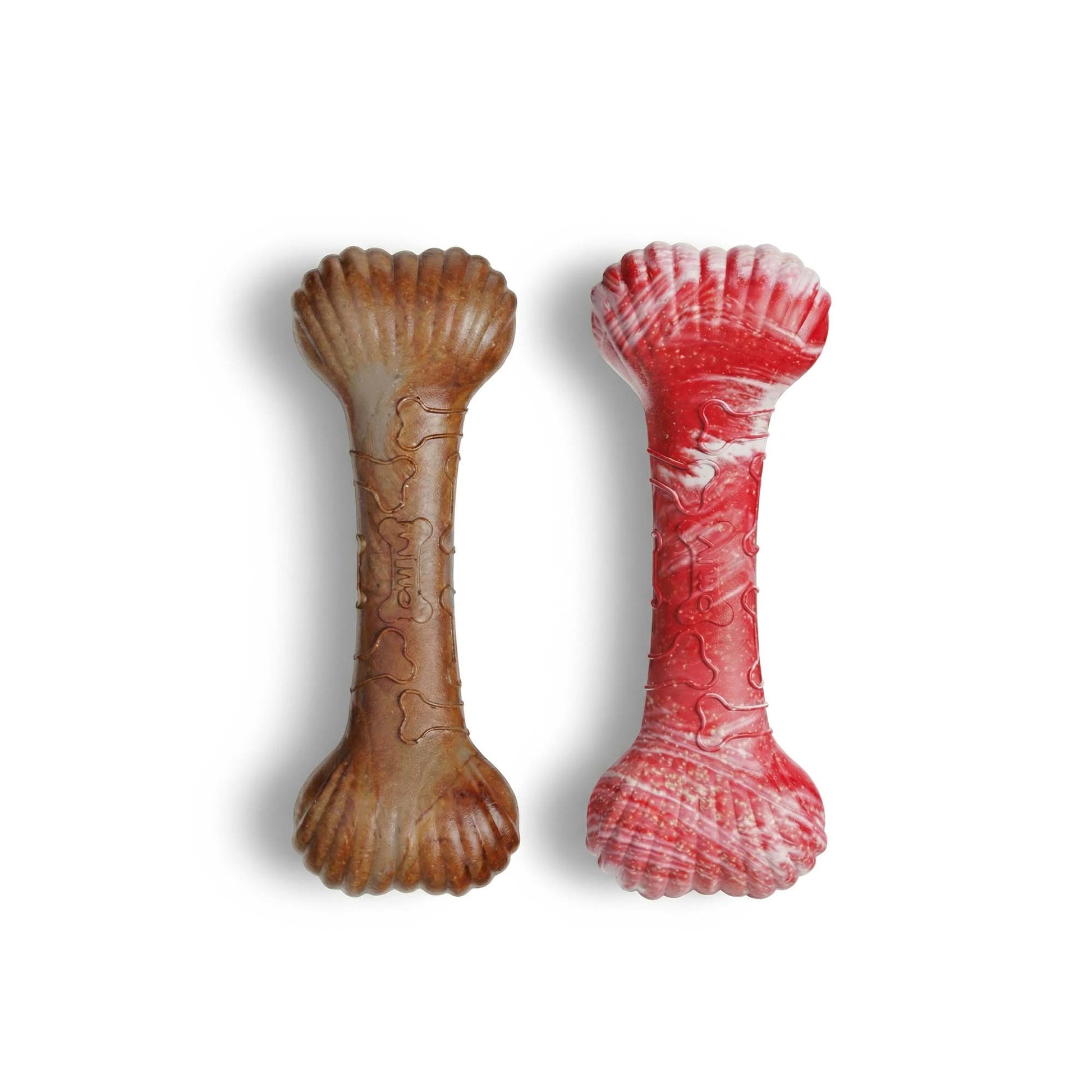 Red marble and brown marble shell bone dog chew toys side by side, both made from durable food-grade TPR rubber