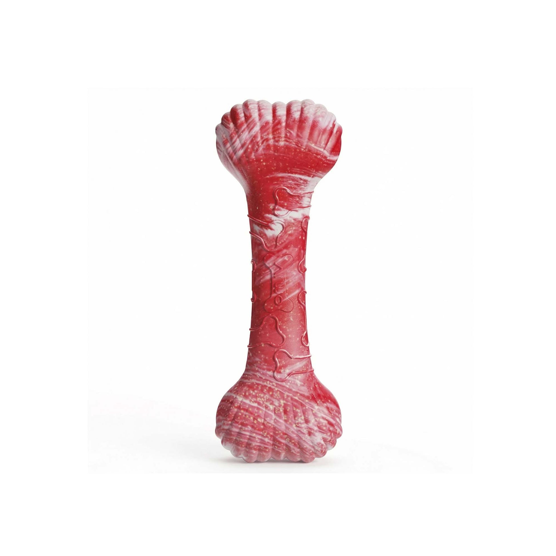 Red marble shell bone dog chew toy made of durable non-toxic TPR rubber, featuring scalloped ends and textured surface for dental care