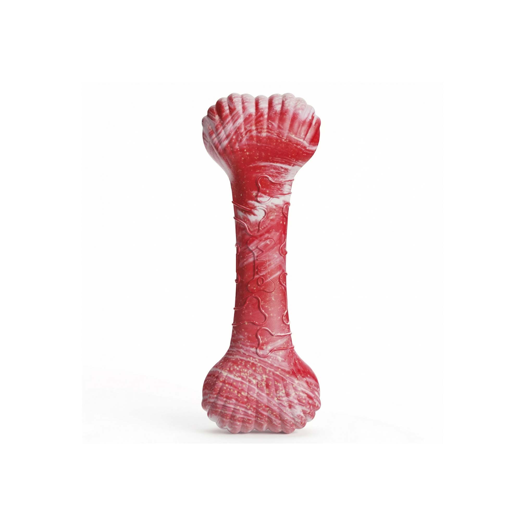 Red marble shell bone dog chew toy made of durable non-toxic TPR rubber, featuring scalloped ends and textured surface for dental care