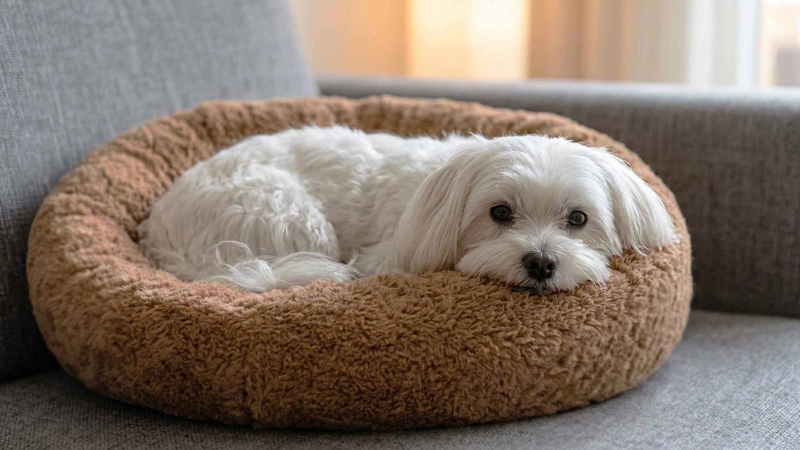 Cute small white dog relaxing in a soft dog bed – perfect lifestyle for Toy Group breeds enjoying our fun and engaging dog toys bundle