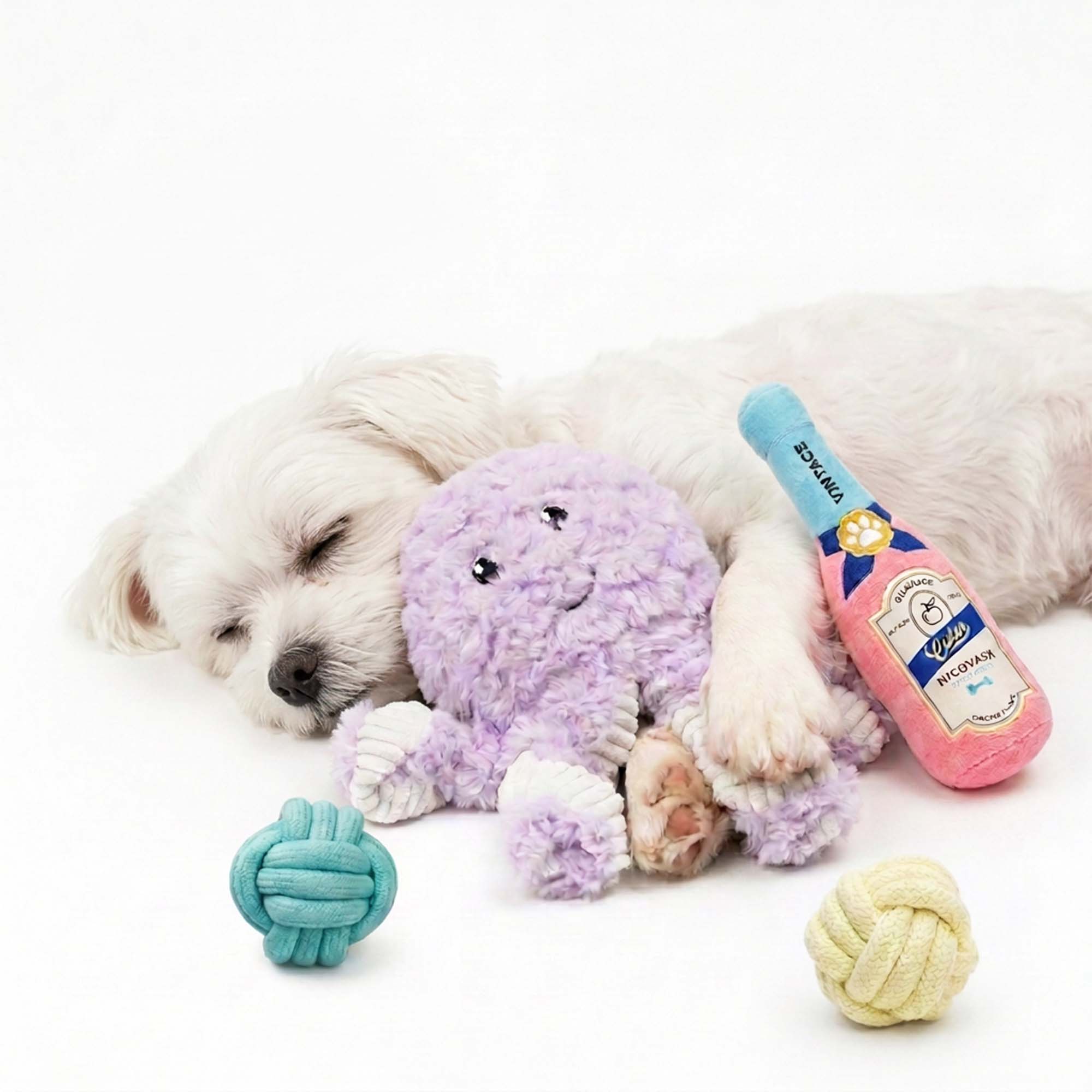 Small dog relaxing with a curated toy bundle featuring plush toys, chew toys, and enrichment toys for everyday companionship and play