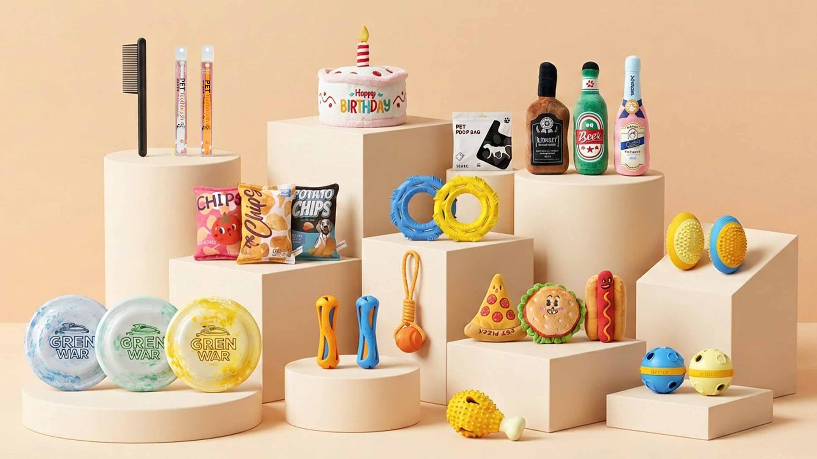 Sporting Group dog toys bundle displayed on white blocks, featuring frisbees, chew toys, food-shaped plush toys, and birthday cake toy