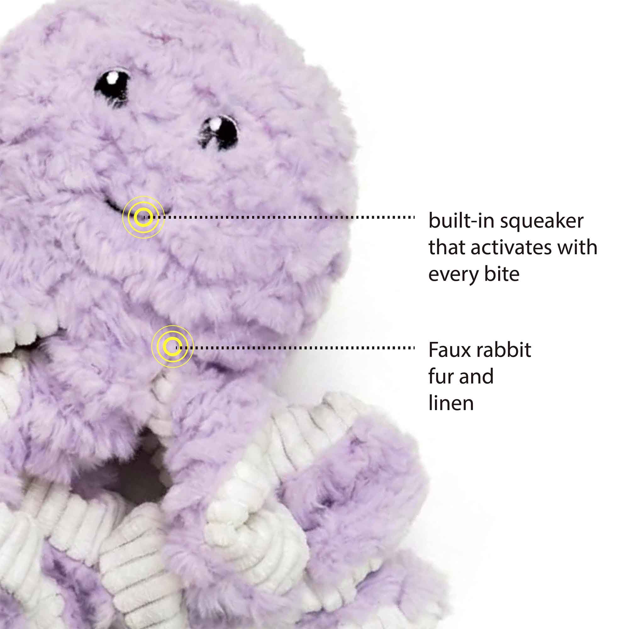 Detailed view of lavender squeaky octopus plush dog toy – multi-textured tentacles for dental benefits and ultra-soft faux fur for comforting hugs and play