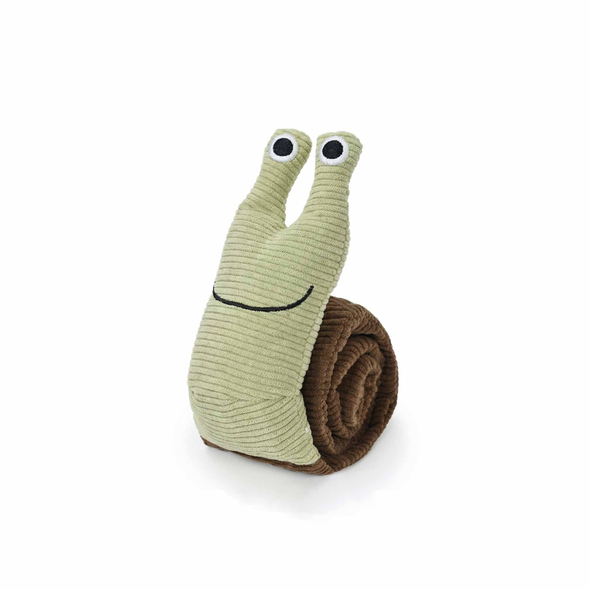 Squeaky snail treat dispenser dog toy in brown corduroy with green head – multiple hidden pockets for treats and built-in squeaker by PetsFave