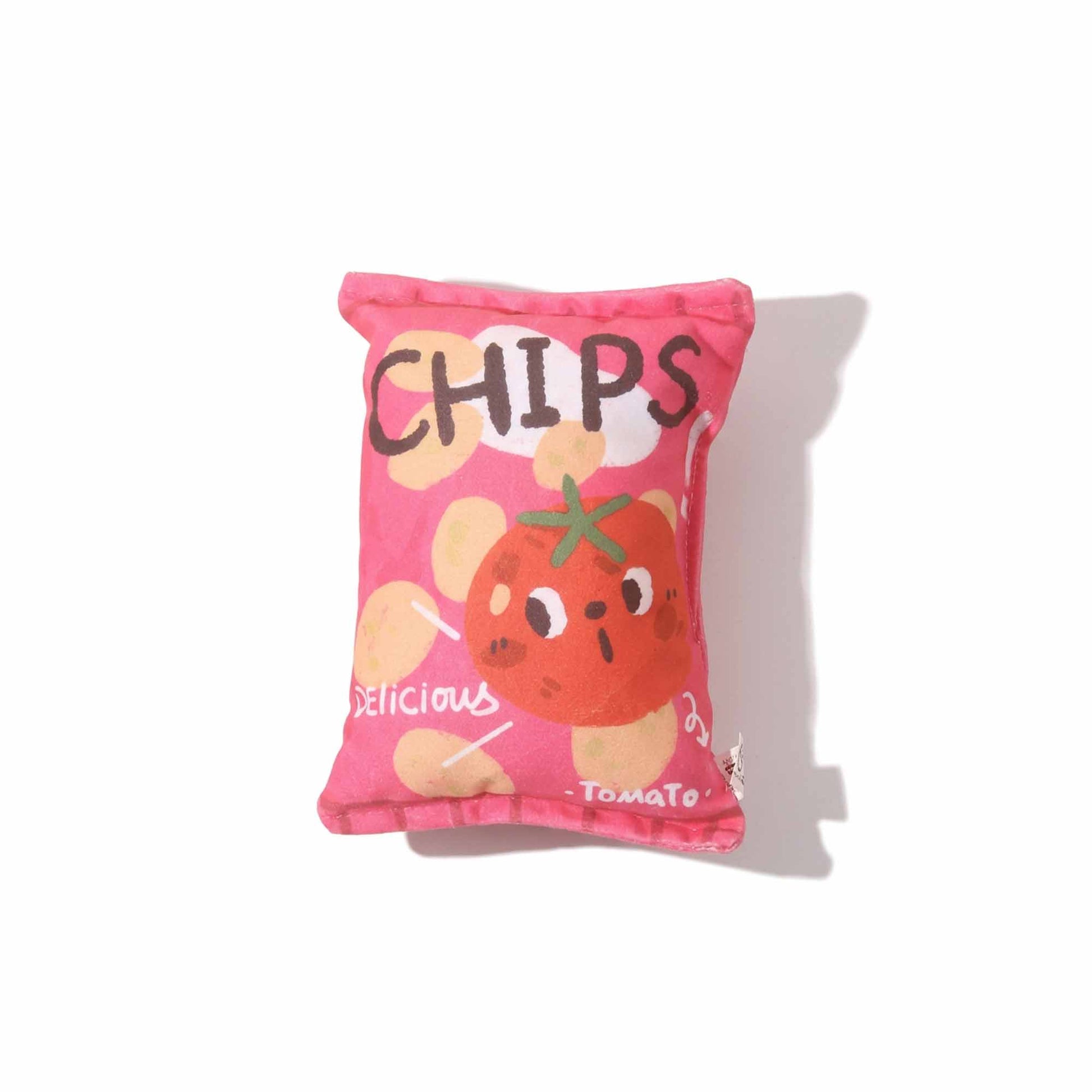 Adorable tomato chips plush dog toy in pink – fun squeaky plush with crinkle sound and cute tomato face for fetch and snuggling