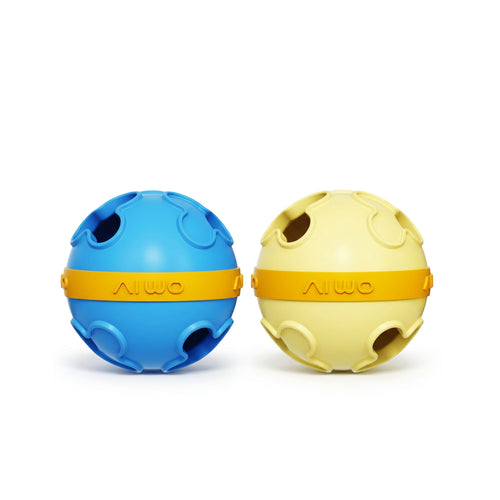 Treat dispenser ball dog toy – yellow and blue TPR puzzle balls with treat holes and irregular bounce by PetsFave
