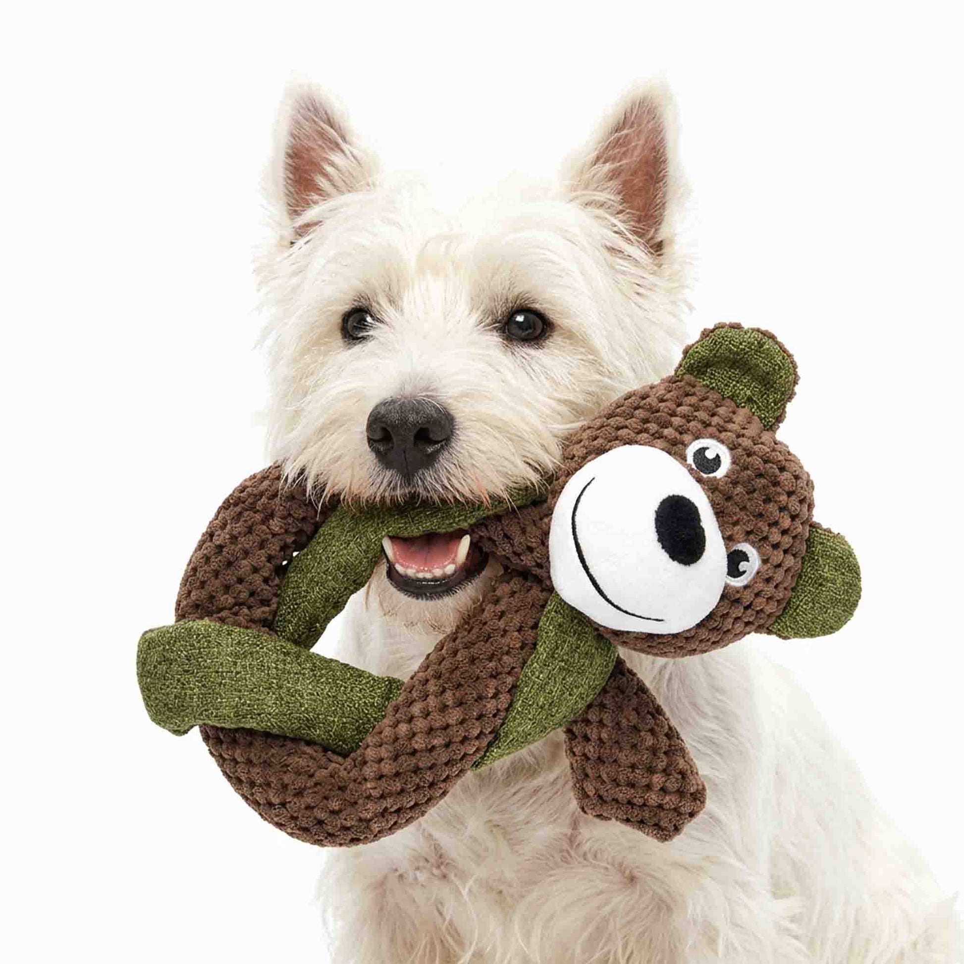 Cute Westie dog carrying soft squeaky bear plush toy with green scarf – perfect for cuddling, gentle chewing, and emotional comfort