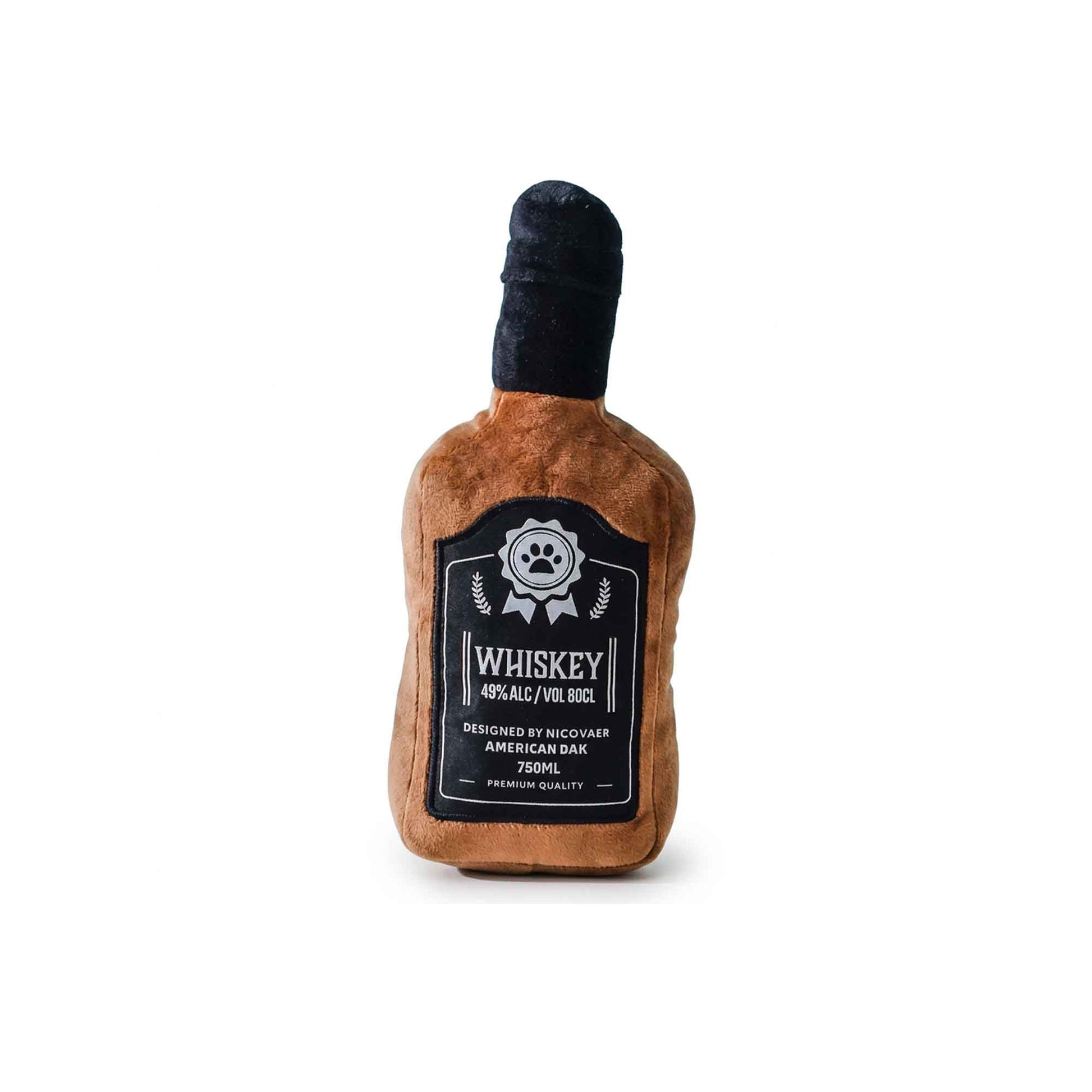 Whiskey bottle shaped plush dog toy with funny parody label and paw print – durable squeaky chew toy