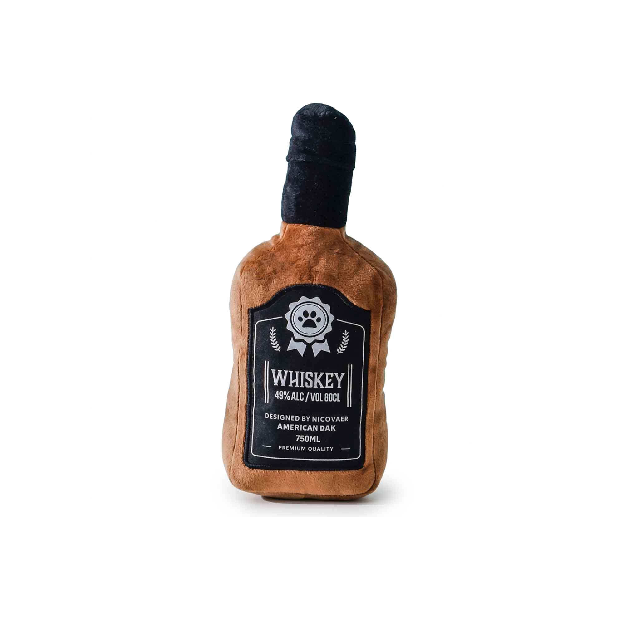 Whiskey bottle shaped plush dog toy with funny parody label and paw print – durable squeaky chew toy