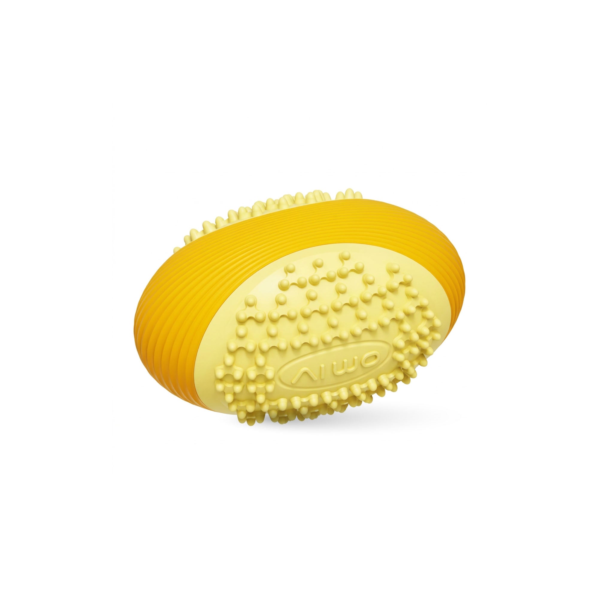 Yellow foodball dog toy in mid-air fetch – football shape makes it easy to throw long distances and rolls unpredictably for fun interactive play